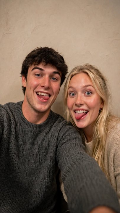 A young man and his girlfriend making faces at the camera
